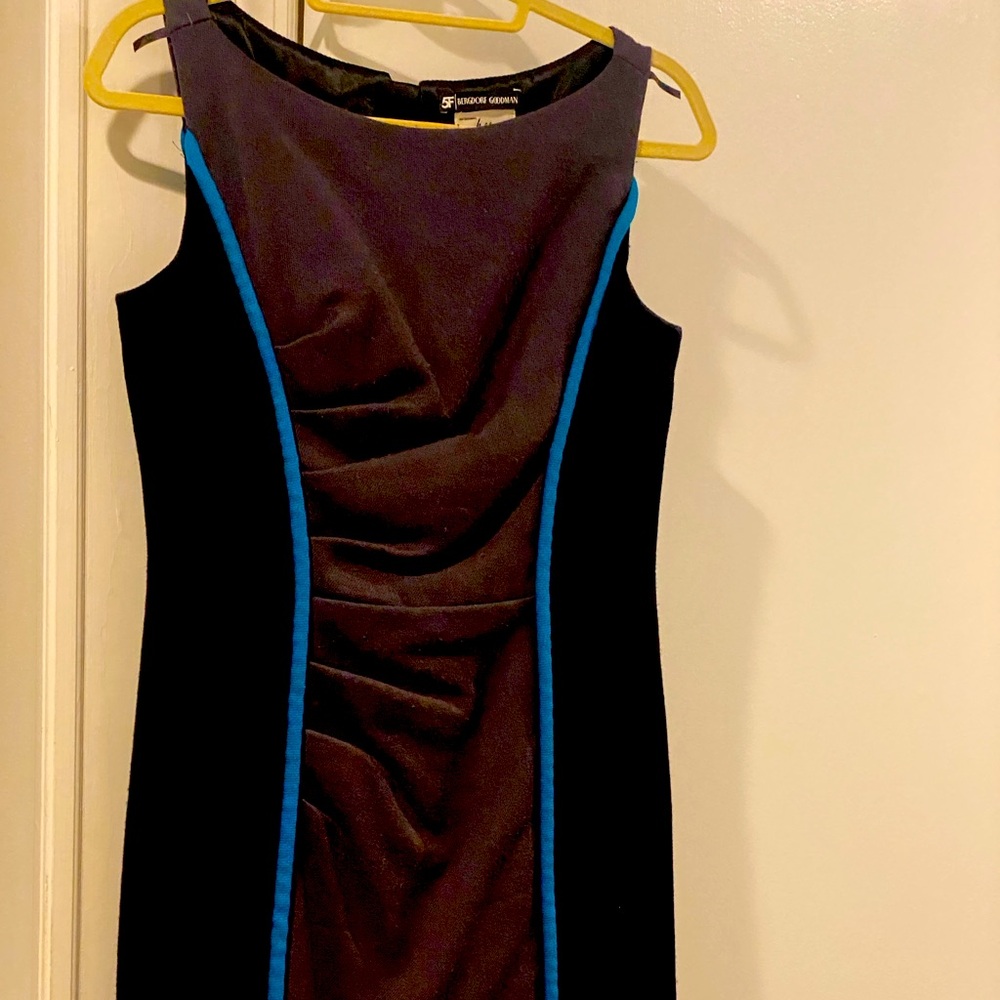 Ruched wool blue/black Milly dress with nice accent zipper in back.